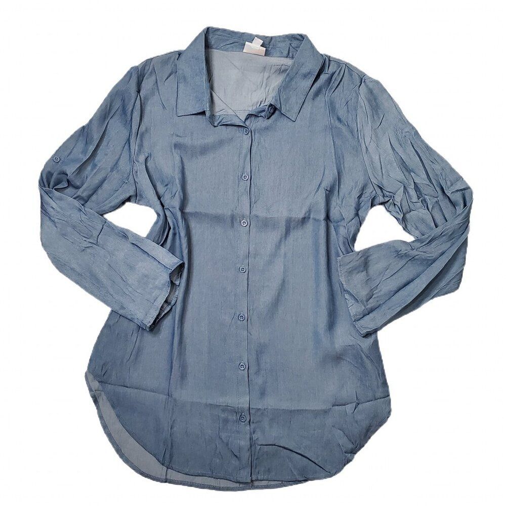 NEW L LuLaRoe Denim Chambray Light Blue Valentina Long Sleeve Button Down Shirt